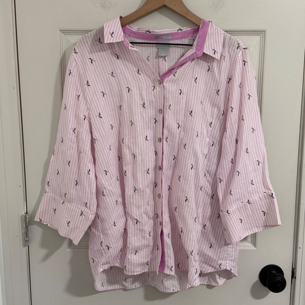 Chicos 100% Linen Button Up Shirt Women‎ 3 Pink Striped Hummingbird No Iron